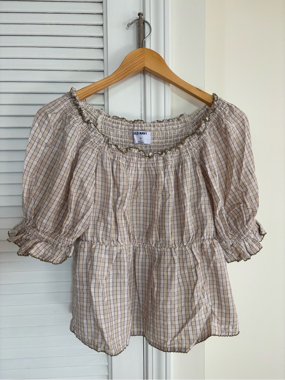 Old Navy Beige Plaid Smocked Babydoll Blouse